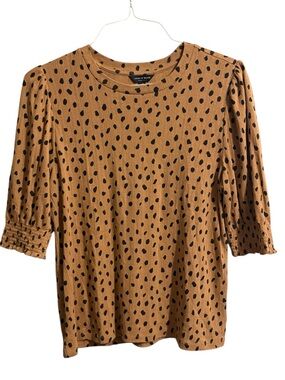 Lucky Brand Tan Top with Black Dot Print and Puff Sleeves
